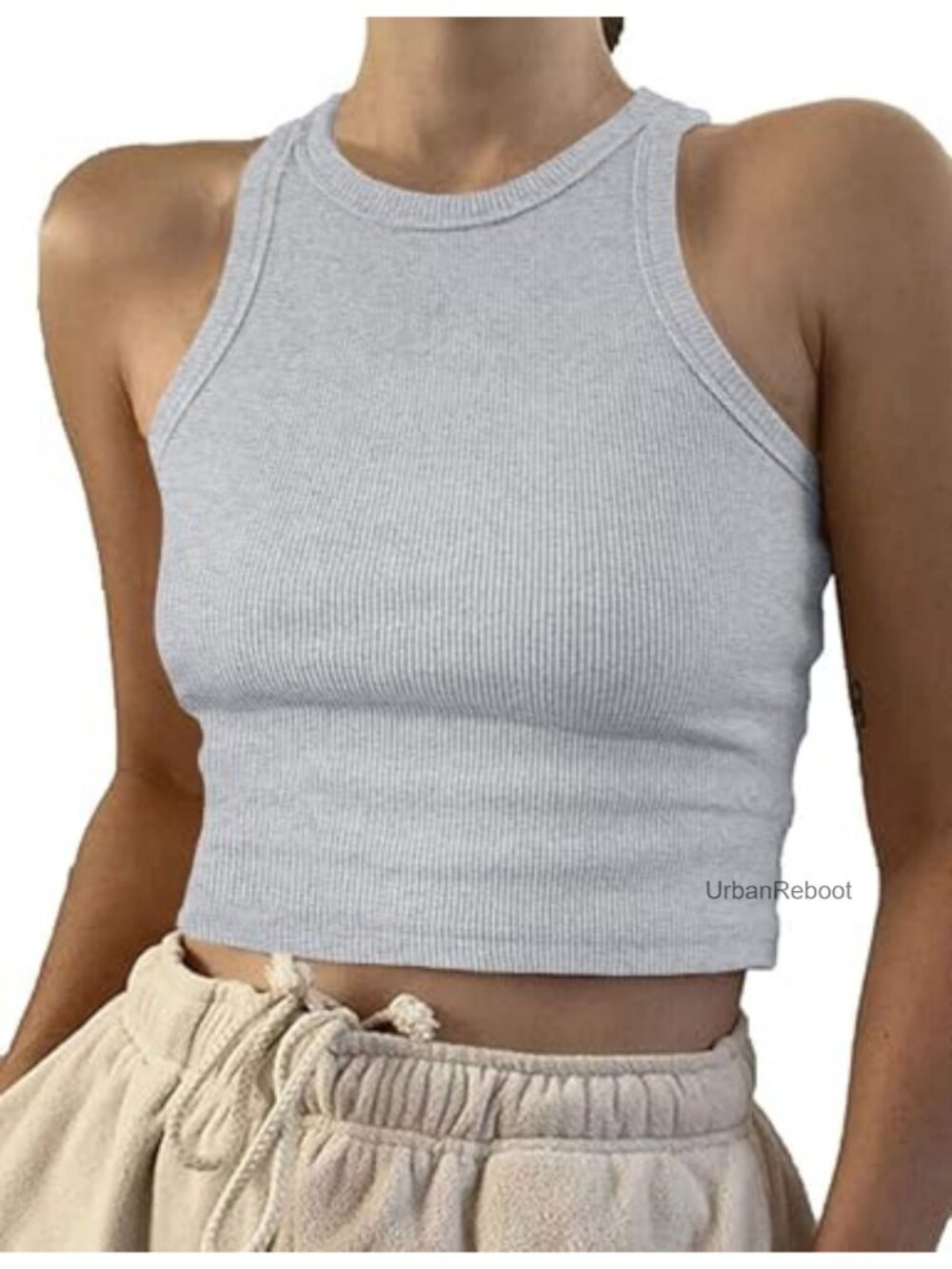 Sleeveless High Neck Rib-Knit Racerback Crop Tank Top - Picture 1 of 6